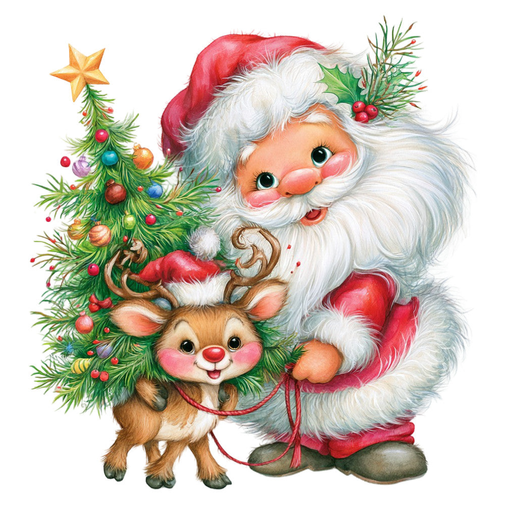 santa, christmas, holiday, reindeer, rudolph, festive, whimsical, vintage, retro, red, white, green, gold, cream, jolly, nostalgic, children's, cute, charming, decorative, christmas tree, ornaments, stars, winter, seasonal, traditional, collectible, panel, illustration, storybook
