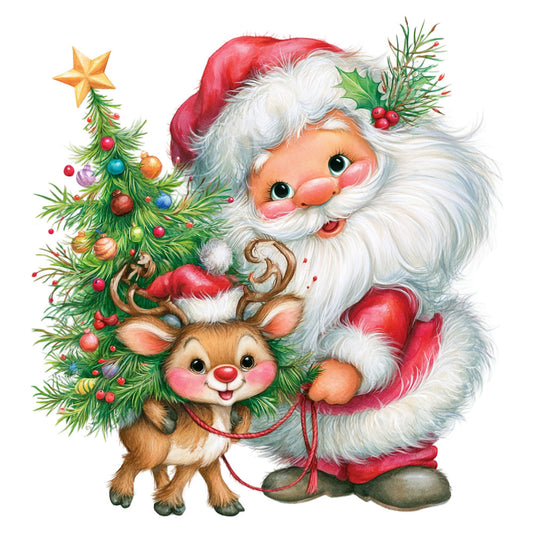 santa, christmas, holiday, reindeer, rudolph, festive, whimsical, vintage, retro, red, white, green, gold, cream, jolly, nostalgic, children's, cute, charming, decorative, christmas tree, ornaments, stars, winter, seasonal, traditional, collectible, panel, illustration, storybook