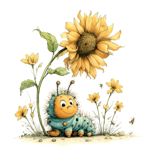 sunflower, caterpillar, yellow, golden yellow, teal blue, orange, whimsical, nature, garden, insects, butterflies, spring, summer, children's, nursery, storybook illustration, cute animals, botanical, flowers, leaves, charming, playful, friendly, animal characters, kids fabric, baby quilt, wall hanging, soft colors, hand-painted style, illustrated