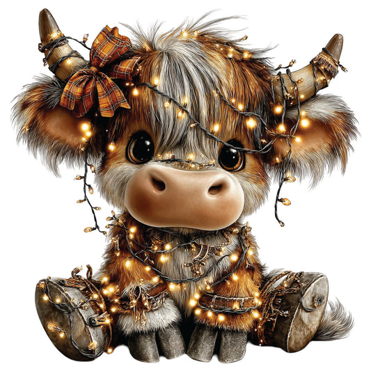 christmas highland cow, fabric panel, brown fur, cream white, golden lights, plaid bow, orange plaid, tartan ribbon, fairy lights, festive cow, fluffy hair, cute animal, holiday theme, christmas lights, warm colors, adorable expression, scottish highland, winter decoration, quilting panel, cotton fabric