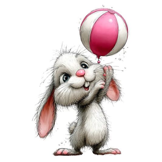 white bunny, pink ball, cute rabbit, playful animal, children's design, nursery theme, baby fabric, whimsical style, soft pastels, cream white, hot pink, coral pink, sweet character, floppy ears, smiling face, joy and happiness, spring theme, Easter bunny, playful mood, illustration style, cartoon animal, gentle design, kid's fabric, adorable motif, cheerful pattern, animal character, pastel color palette, fun design, cheerful bunny, bunny playing