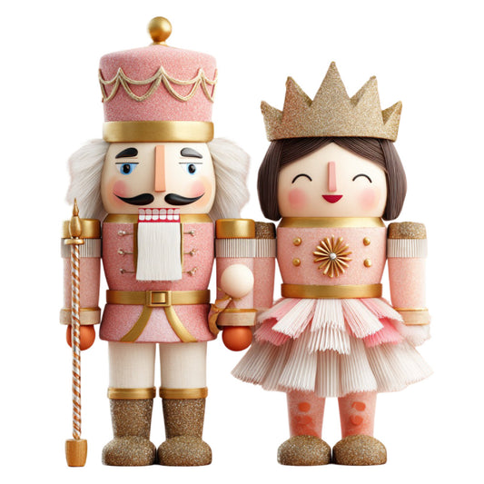 rose pink, blush pink, gold, cream, nutcracker, royal, princess, holiday, christmas, festive, whimsical, vintage, traditional, elegant, children, kids, fairy tale, storybook, decorative, nutcracker soldier, character, portrait, figurative, crowned, regal, winter, classic, nostalgic, charming