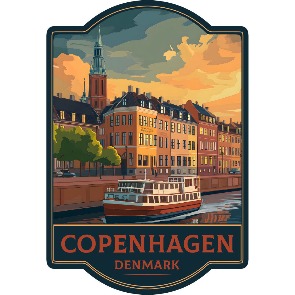 copenhagen, denmark, travel, vintage travel poster, nautical, harbor, boat, cityscape, architecture, european, historic, sunset, golden hour, orange, rust, brick red, navy blue, cream, golden yellow, charcoal gray, teal, scenic, landmarks, waterfront, canal, buildings, retro, nostalgic, travel theme, destination