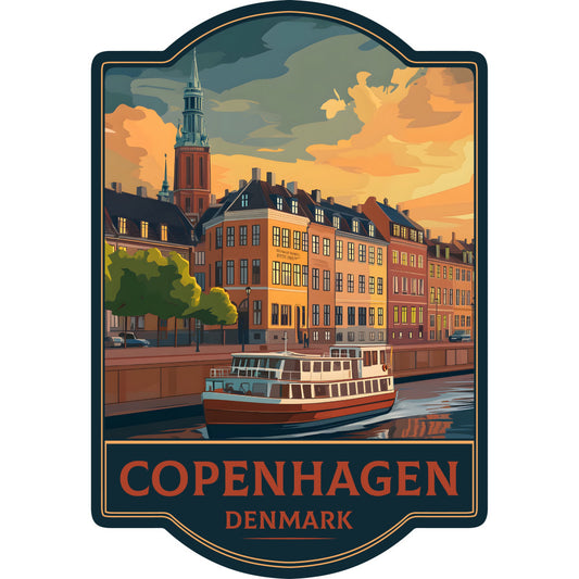 copenhagen, denmark, travel, vintage travel poster, nautical, harbor, boat, cityscape, architecture, european, historic, sunset, golden hour, orange, rust, brick red, navy blue, cream, golden yellow, charcoal gray, teal, scenic, landmarks, waterfront, canal, buildings, retro, nostalgic, travel theme, destination