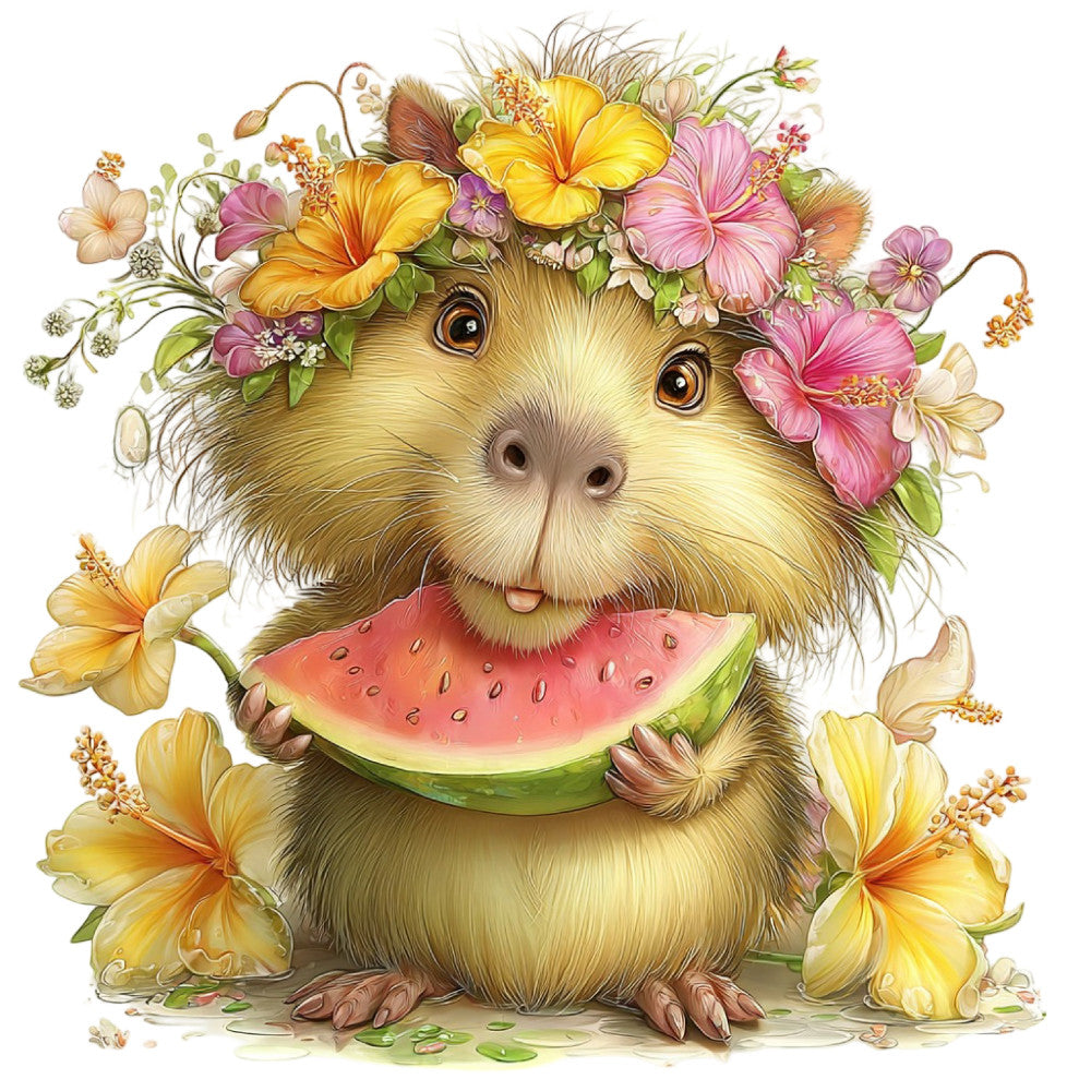 guinea pig, floral, animals, spring, summer, yellow flowers, pink flowers, watermelon, whimsical, cute, woodland, nature, garden, pastel yellow, dusty rose, coral pink, cream, soft colors, illustrated, children's, baby, playful, botanical, flowers and animals, cheerful, vibrant, fantasy, storybook