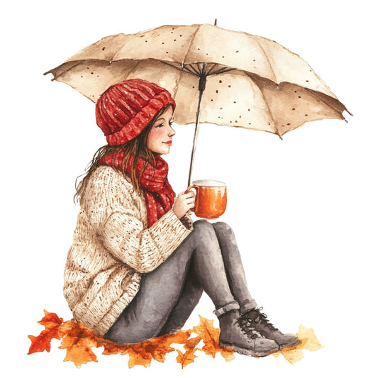 autumn, fall, cozy, warm, woman, girl, contemplative, rainy day, umbrella, cream, beige, tan, rust, burnt orange, red, crimson, cardinal red, gray, charcoal, nature, seasonal, leaves, maple leaves, sweater, knit, boots, coffee cup, mug, peaceful, whimsical