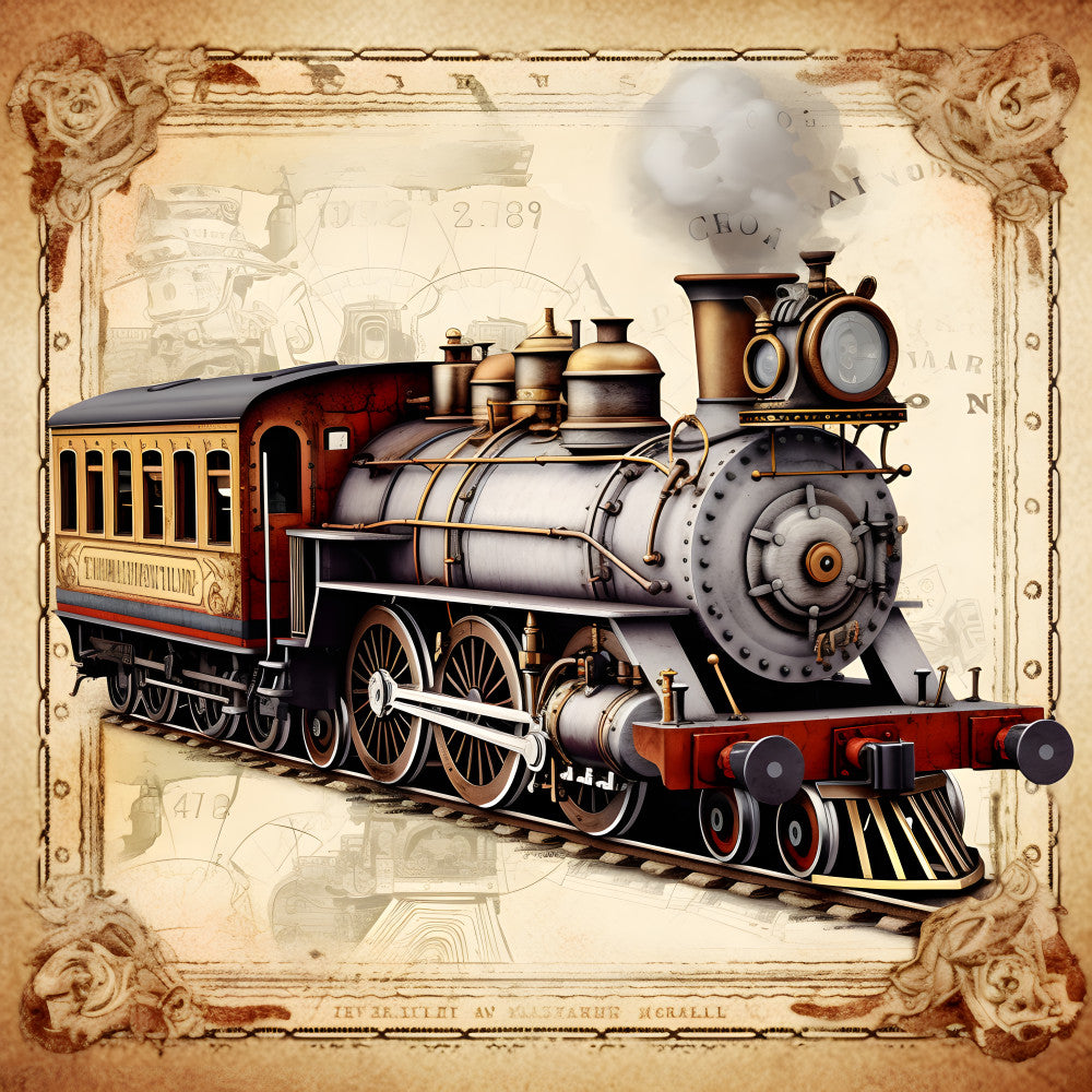 Shabby Chic Steampunk Train Fabric Panel 1