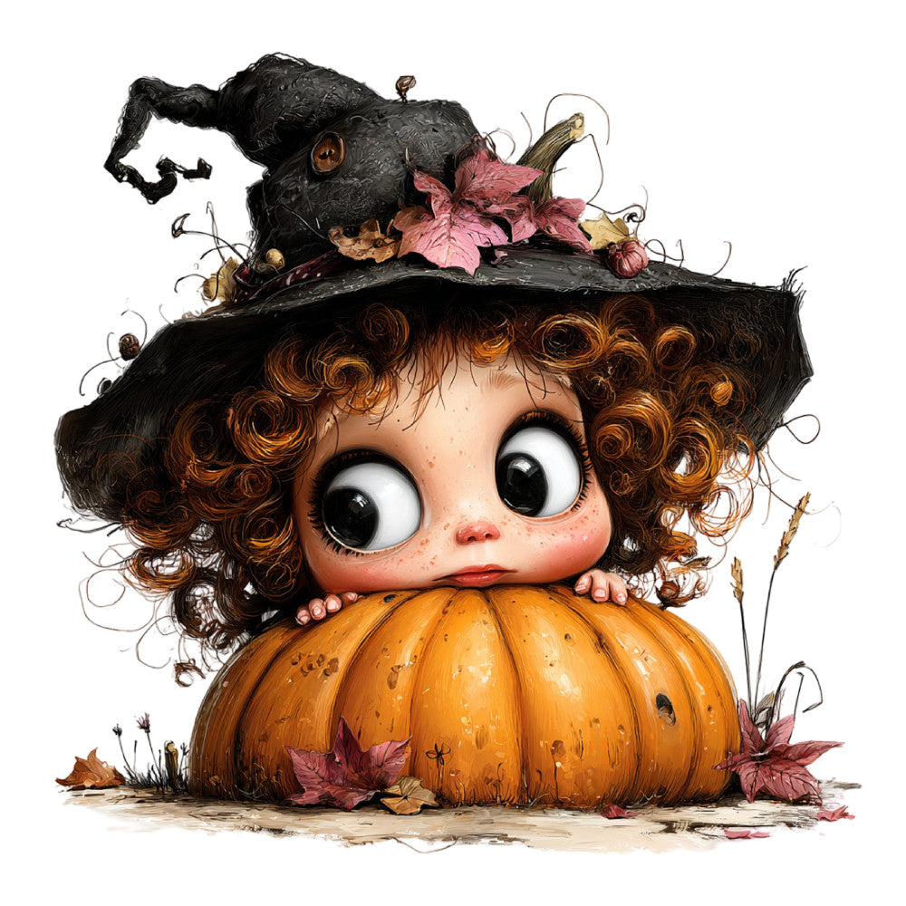 autumn, fall, halloween, whimsical, fantasy, magical, pumpkin, orange, black, brown, bronze, rust, dusty rose, pink, nature, woodland, fairy tale, storybook, vintage, charming, quirky, decorative, children's, floral, leaves, curly hair, wide-eyed, playful, seasonal, harvest