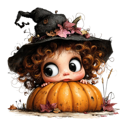 autumn, fall, halloween, whimsical, fantasy, magical, pumpkin, orange, black, brown, bronze, rust, dusty rose, pink, nature, woodland, fairy tale, storybook, vintage, charming, quirky, decorative, children's, floral, leaves, curly hair, wide-eyed, playful, seasonal, harvest