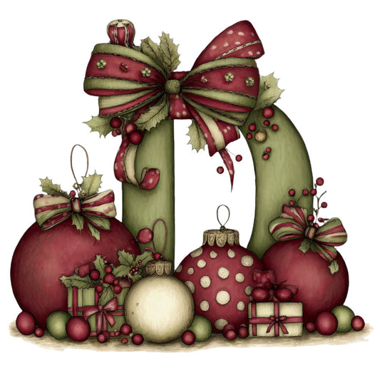 burgundy red, sage green, cream, holiday, christmas, ornaments, bows, festive, decorative, elegant, traditional, vintage, gift boxes, berries, holly leaves, baubles, whimsical, seasonal, winter, celebration, formal, sophisticated, red and green, nature-inspired, botanical, dimensional, decorative accents, nostalgic