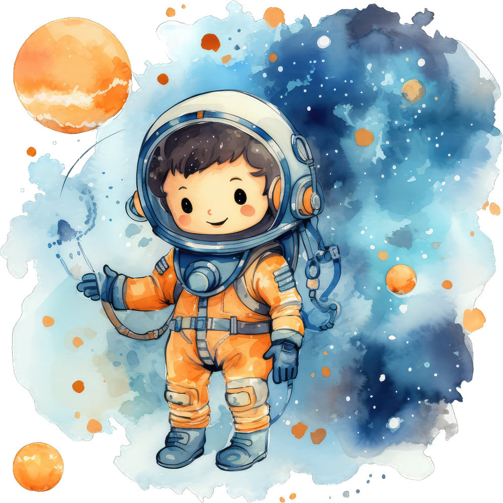 astronaut, space, celestial, orange, blue, navy blue, watercolor, whimsical, cute, child-friendly, gender-neutral, adventure, cosmic, stars, planets, moon, clouds, boy, girl, kids, nursery, baby quilt, wall hanging, modern, playful, illustration, character, explorer, dreamy, soft colors