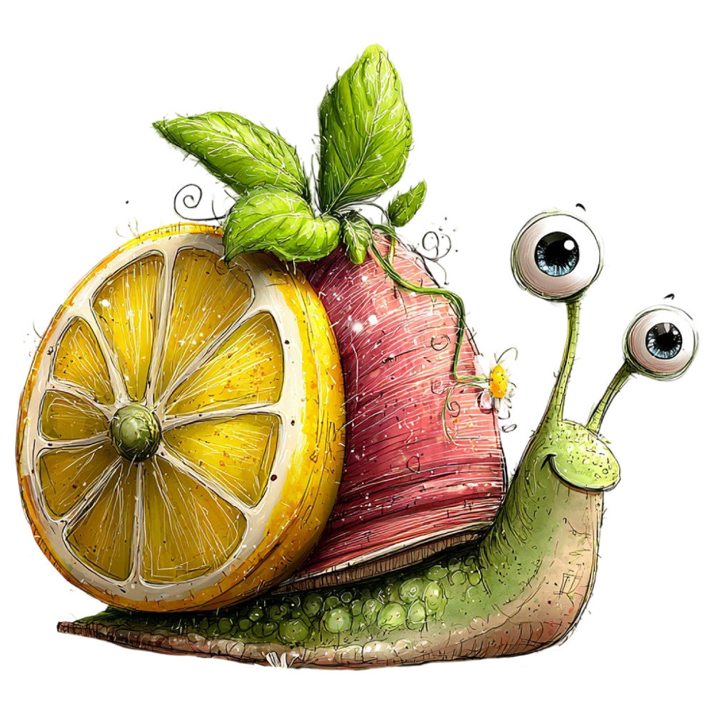 lemon yellow, coral pink, burgundy red, sage green, whimsical, snail, citrus fruit, lemon slice, apple, botanical, nature, playful, illustrated, quirky, childlike, fantasy, storybook, garden creature, eye motifs, leaf detail, fruit, vegetable, spring, summer, charming, artistic, detailed illustration, magical, adorable, whimsy art