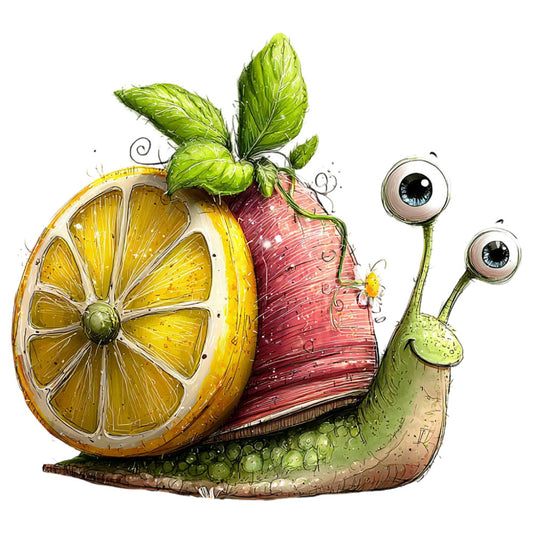 lemon yellow, coral pink, burgundy red, sage green, whimsical, snail, citrus fruit, lemon slice, apple, botanical, nature, playful, illustrated, quirky, childlike, fantasy, storybook, garden creature, eye motifs, leaf detail, fruit, vegetable, spring, summer, charming, artistic, detailed illustration, magical, adorable, whimsy art