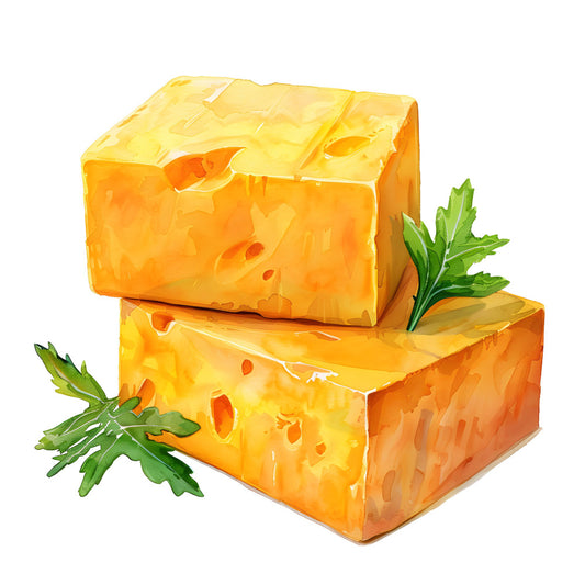cheese, cheddar, golden yellow, bright orange, cream, food themed, kitchen, culinary, farmhouse, whimsical, parsley, herbs, illustrated, playful, novelty, gourmet, deli, artisan, cottage core, folk art, children's, cheerful, rustic, food print, block print style, textured, dimensional, appetizer, dairy, comfort food