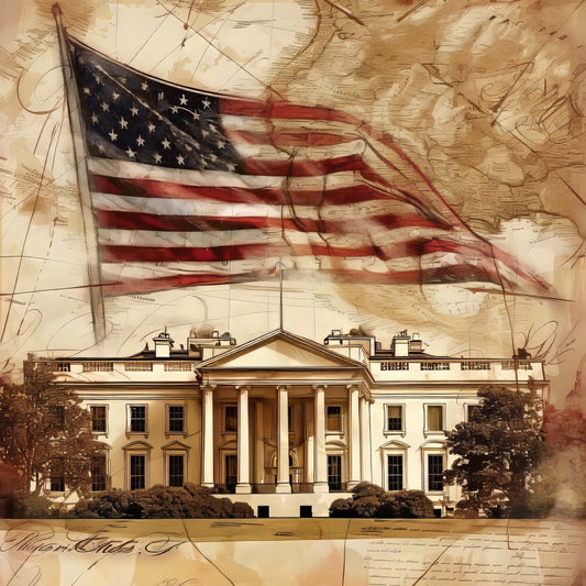 american flag, patriotic, white house, architectural, vintage, sepia tone, cream, beige, navy blue, red, historical, government, political, americana, classical, elegant, traditional, heritage, map background, blueprint, antique, stars, nostalgic, americana decor, wall hanging, home decor, independence day, memorial