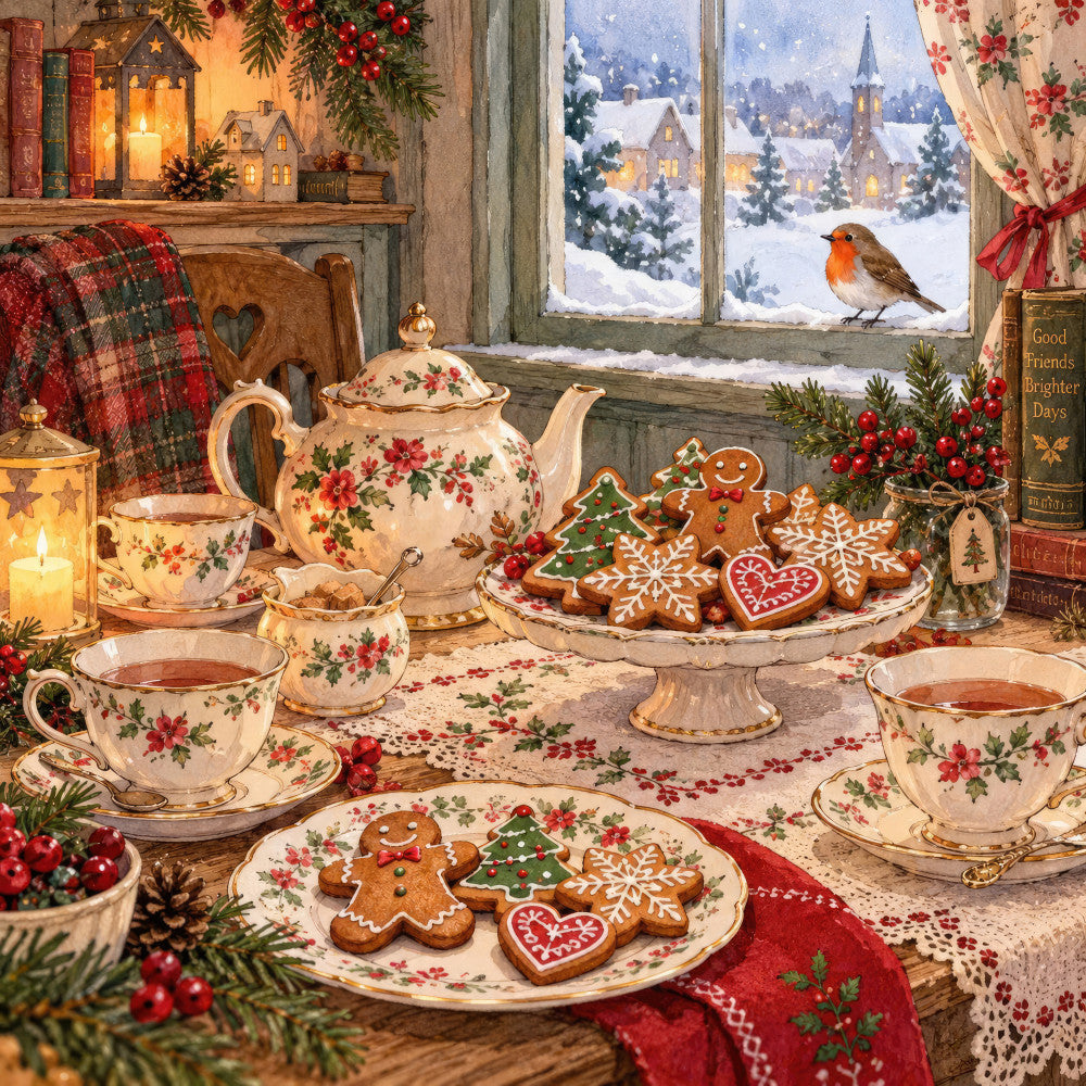 christmas, holiday, winter, tea time, floral, red roses, cream, ivory, green, vintage, traditional, cozy, festive, gingerbread, cookies, teapot, teacup, robin, snow scene, rustic, elegant, whimsical, heart motifs, evergreen, candlelight, cottage core, farmhouse, nostalgic, seasonal, warm tones
