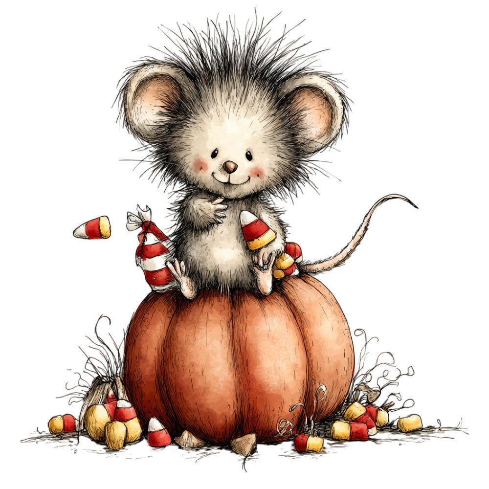 cute mouse, candy corn, autumn, fall, halloween, whimsical, children's, baby, animal, rodent, cream, white, rust, burnt orange, red, yellow, gold, black, playful, storybook, illustration, nursery, holiday, festive, vintage, charming, decorative, wall hanging, baby quilt