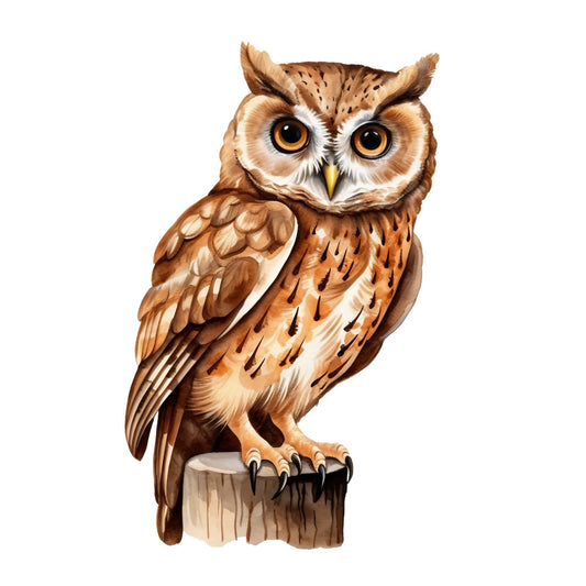 watercolor owl, brown owl, amber eyes, feathered wings, bird illustration, nature panel, woodland creature, earth tones, rustic brown, cream white, golden yellow, perched owl, realistic bird, fabric panel, quilting cotton, animal motif, forest theme, wildlife design, detailed feathers, sitting pose