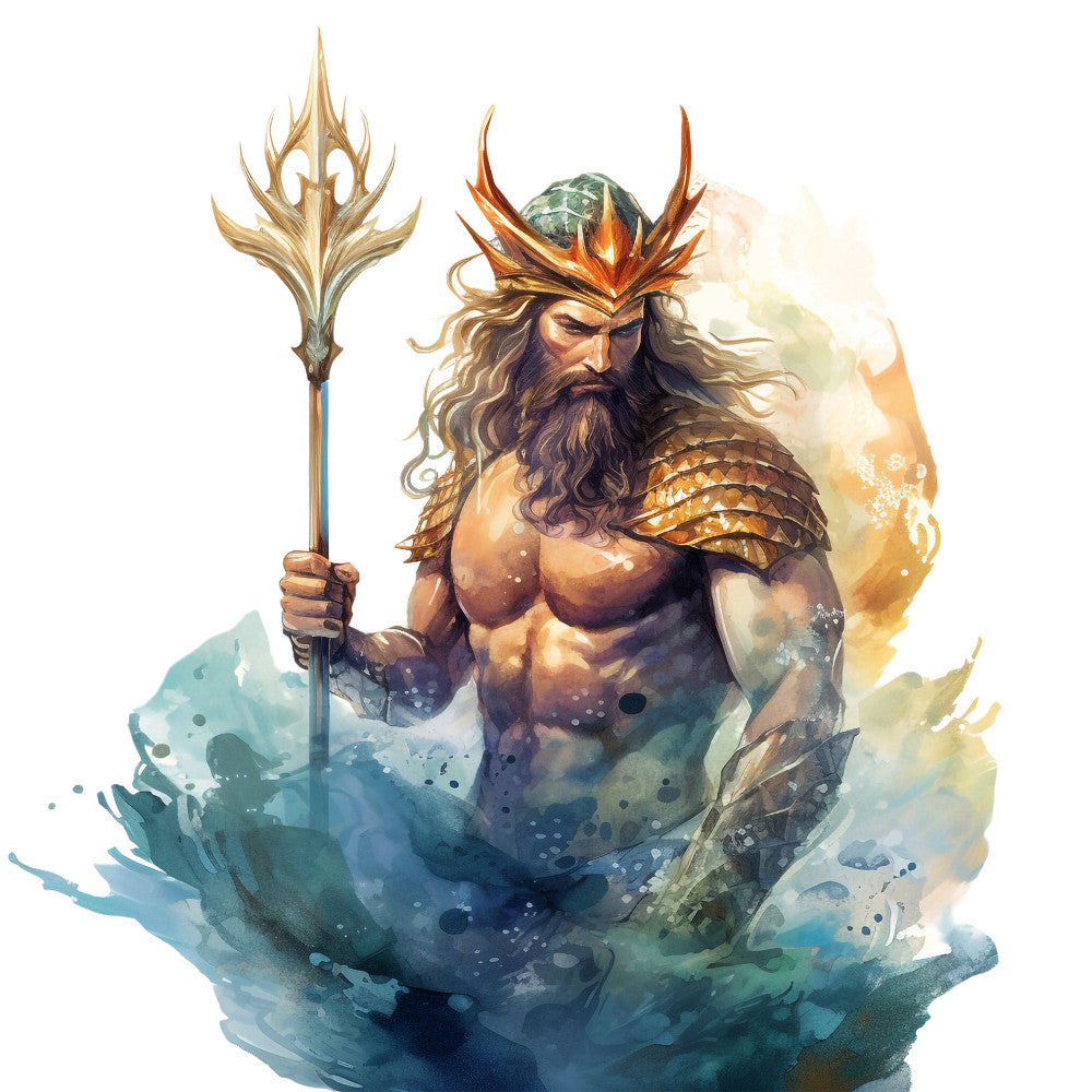 aqua blue, golden yellow, coral orange, watercolor style, poseidon, sea god, trident, crown, flowing beard, muscular figure, ocean waves, splash effects, nautical theme, mythology, fantasy art, fabric panel, quilting cotton, mermaid tale, underwater scene, artistic watercolor