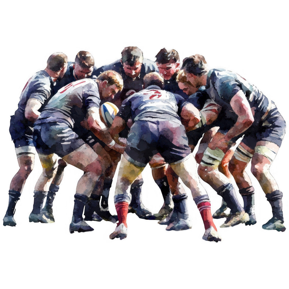 rugby, sports, team, navy blue, white, red, athletic, masculine, action, scrum, players, contact sport, competitive, dynamic, watercolor style, painted effect, modern art, contemporary, inspired by sports, men's interests, active lifestyle, ball sport, teamwork, ensemble, group activity, strength, power, intensity