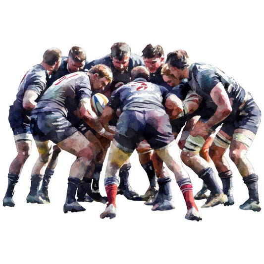 rugby, sports, team, navy blue, white, red, athletic, masculine, action, scrum, players, contact sport, competitive, dynamic, watercolor style, painted effect, modern art, contemporary, inspired by sports, men's interests, active lifestyle, ball sport, teamwork, ensemble, group activity, strength, power, intensity