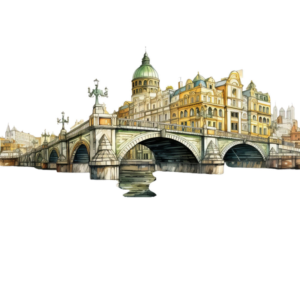 london cityscape, historic architecture, bridge, dome cathedral, european landmarks, travel theme, vintage illustration, architectural drawing, gold, cream, sage green, charcoal gray, classic elegance, traditional style, detailed landscape, monument buildings, river scene, sketch style, tourism, heritage, cultural landmarks, nostalgic, sophisticated, timeless, wall hanging, home decor, travel enthusiast, architectural fan, historic preservation