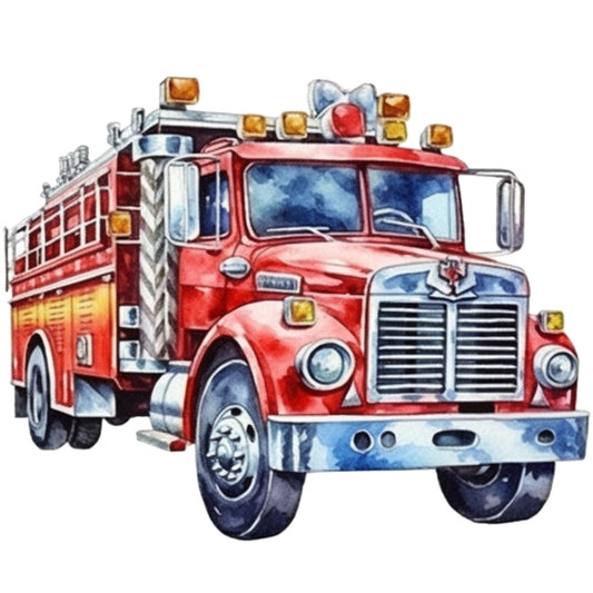 red fire truck, vintage truck, emergency vehicle, bright red, yellow accents, chrome details, blue windows, watercolor style, children's fabric, transportation theme, fire engine, retro illustration, fabric panel, quilting cotton, boys room, vehicle design, nostalgic artwork, detailed illustration, automotive print