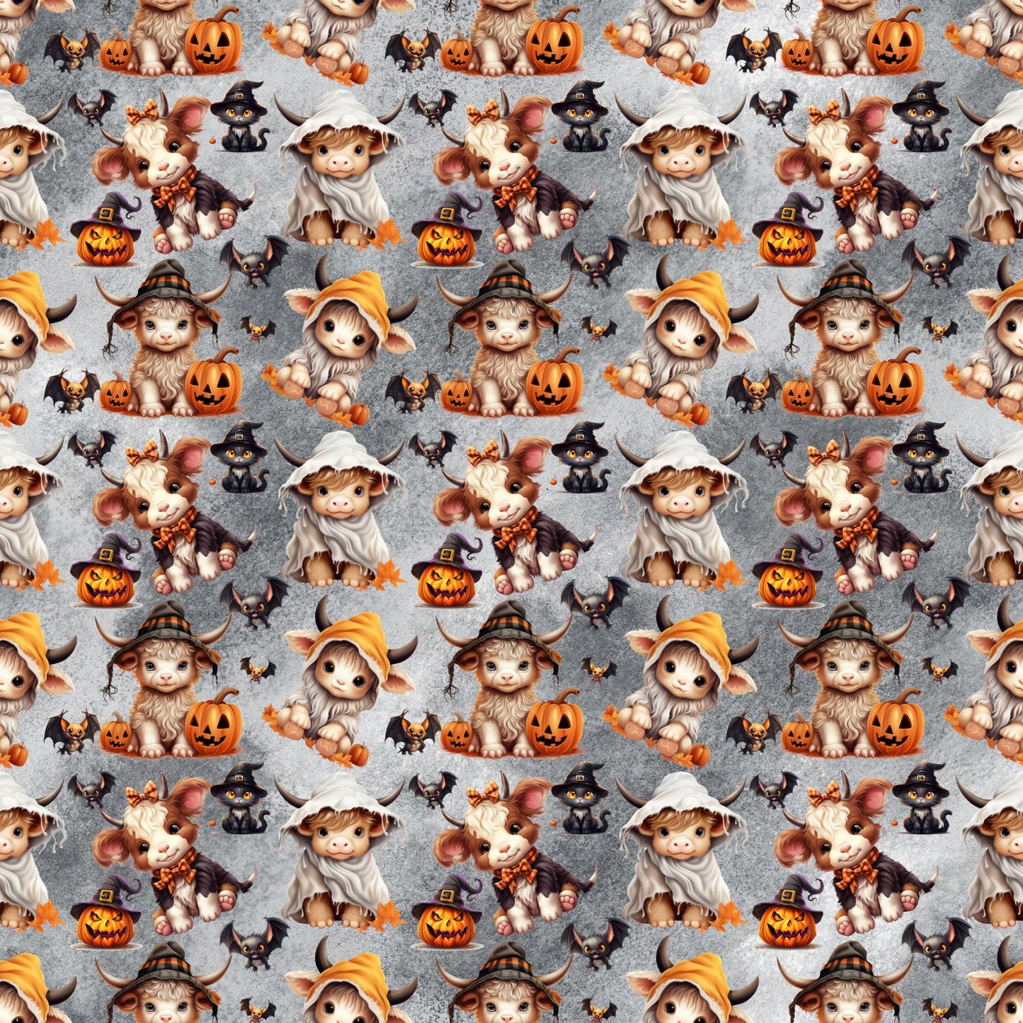 Halloween Cartoon Highland Cows Pattern 1 Quilting Cotton Fabric