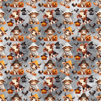 Halloween Cartoon Highland Cows Pattern 1 Quilting Cotton Fabric