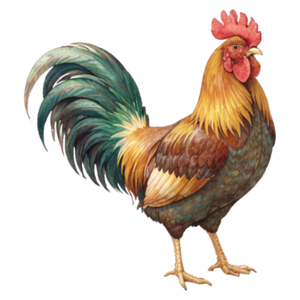 rooster, farmhouse, barnyard, chicken, poultry, farm animals, rustic, country, golden yellow, burnt orange, deep red, teal green, iridescent green, natural, traditional, vintage, agricultural, homestead, cottage core, rural, folk art, animal motifs, kitchen decor, home decor, spring, summer, nature inspired, whimsical, detailed illustration