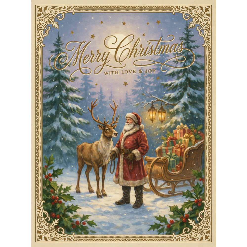 merry christmas, christmas, santa, reindeer, snow, winter, holiday, gold, cream, red, forest green, blue, vintage, traditional, elegant, festive, nostalgic, snowy landscape, gift sleigh, presents, stars, holly, berries, ornate border, victorian, classic christmas, winter scene, decorative frame, timeless, seasonal