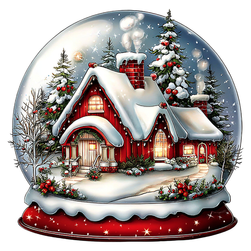 christmas, holiday, snow globe, red house, winter scene, evergreen trees, snow-covered, festive, traditional, nostalgic, red, white, cream, forest green, gold accents, cottage core, cozy, vintage christmas, snowy landscape, red roof house, chimney, windows with lights, holiday decor, winter wonderland, celestial stars, rustic, whimsical, christmas village, seasonal, wall hanging