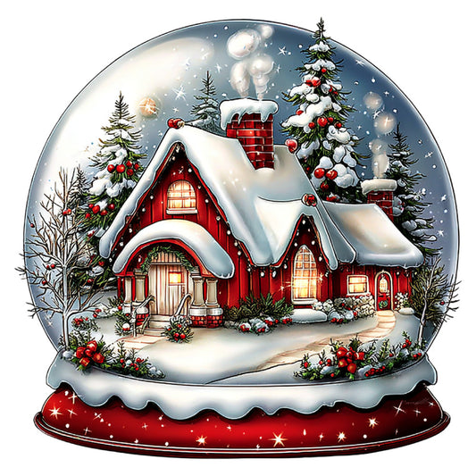 christmas, holiday, snow globe, red house, winter scene, evergreen trees, snow-covered, festive, traditional, nostalgic, red, white, cream, forest green, gold accents, cottage core, cozy, vintage christmas, snowy landscape, red roof house, chimney, windows with lights, holiday decor, winter wonderland, celestial stars, rustic, whimsical, christmas village, seasonal, wall hanging