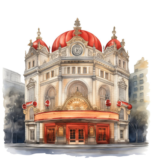red dome, cream, beige, gold accents, vintage architecture, theater, ornate, classical, elegant, steampunk, art deco, building facade, clock tower, decorative details, urban landscape, victorian, nostalgic, retro, detailed illustration, architectural, ornamental, whimsical, novelty print, conversation piece, structured design, sophisticated, timeless, detailed motifs