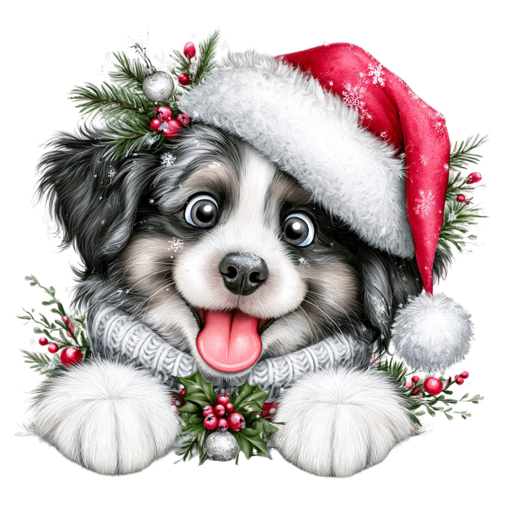 cute puppy, black and white dog, holiday dog, christmas dog, festive, red santa hat, winter, christmas, seasonal, snow, snowflakes, evergreen branches, holly berries, red berries, whimsical, playful, joyful, happy dog, puppy face, animal, pet, dog lover, adorable, sweet, charming, decorative panel, wall hanging, baby quilt, children's fabric, festive holiday