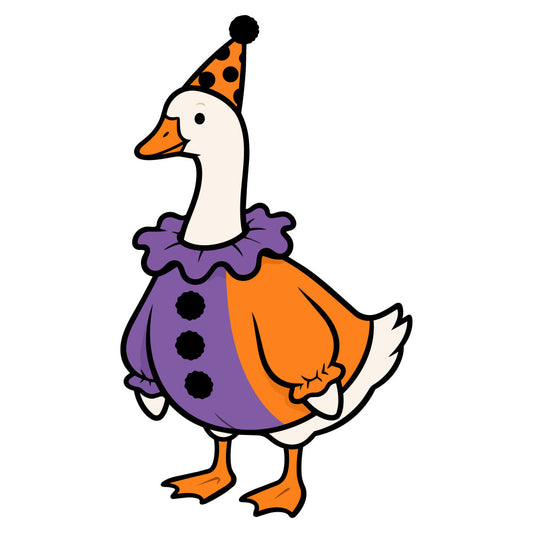 party duck, circus duck, whimsical duck, orange, purple, cream, party hat, polka dots, ruffled collar, costume duck, festive, playful, animal theme, birds, children's, novelty print, fun, cheerful, bright colors, costume party, celebration, clown theme, animal character, bold print, kids fabric, fun animals, purple and orange, party theme, quirky, decorative