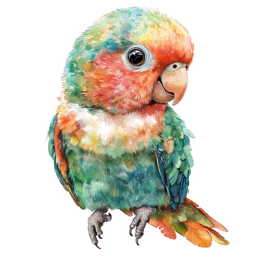parrot, tropical bird, colorful, vibrant, green, red, coral, yellow, orange, turquoise, blue, white, nature, wildlife, animals, whimsical, playful, illustration, watercolor, botanical, exotic, summer, spring, cheerful, bright, artistic, detailed, children's, wall hanging, decorative
