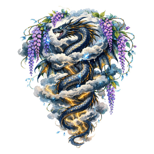 dragon, mystical, fantasy, celestial, clouds, wisteria, purple flowers, navy blue, gold accents, dark blue, white clouds, botanical, floral, nature, whimsical, magical, ethereal, lightning, storm, elegant, ornate, detailed, intricate, wall hanging, art panel, decorative, mythical creatures, hanging flowers, trailing vines, dark fantasy
