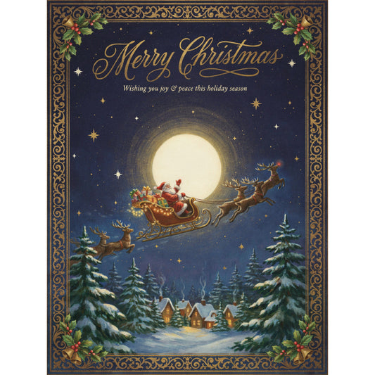 navy blue, gold, cream, forest green, red, burgundy, christmas, holiday, santa, reindeer, sleigh, winter, snow, evergreen trees, full moon, stars, celestial, vintage, traditional, elegant, whimsical, nostalgic, magical, snowy village, cottage, festive, jolly, ornamental border, holly berries