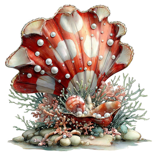 coral red, cream white, sage green, pearl white, seashell, scallop shell, ocean, nautical, marine life, sea creatures, coastal, underwater, seaside, nature, beach, summer, whimsical, decorative, illustrated, artistic, shell motif, sea flora, botanical elements, ocean themed, water inspired, elegant, detailed illustration, coastal living, seascape