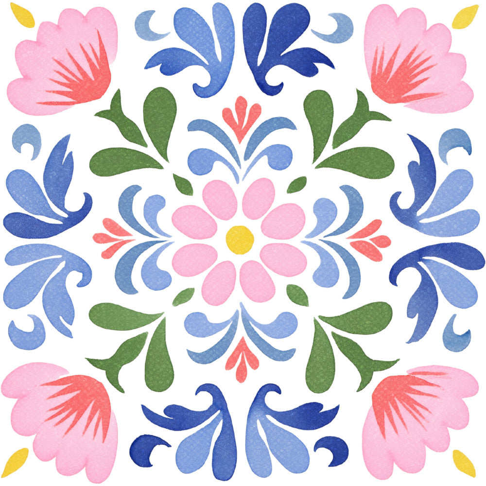 floral, symmetrical, folk art, botanical, scandinavian, traditional, whimsical, navy blue, cornflower blue, dusty blue, coral pink, salmon pink, forest green, yellow, spring, summer, nature, damask, ornamental, decorative, paisley, leaves, petals, blossoms, flowers, celestial, moons, stars, bohemian, vintage