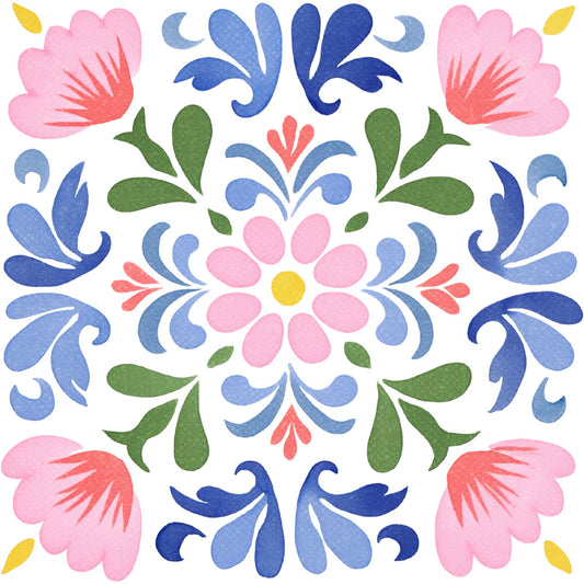 floral, symmetrical, folk art, botanical, scandinavian, traditional, whimsical, navy blue, cornflower blue, dusty blue, coral pink, salmon pink, forest green, yellow, spring, summer, nature, damask, ornamental, decorative, paisley, leaves, petals, blossoms, flowers, celestial, moons, stars, bohemian, vintage