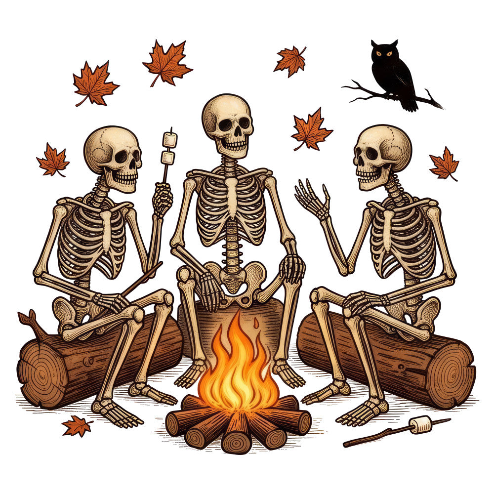 halloween, skulls, skeletons, fall, autumn, orange, tan, beige, cream, black, campfire, bonfire, fire, leaves, maple leaves, spooky, gothic, dark, whimsical, festive, seasonal, nature, woodland, rustic, vintage, macabre, mystical, owl, roasted marshmallows, outdoor