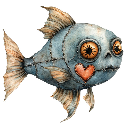Watercolor Scary Fish Fabric Panel 10