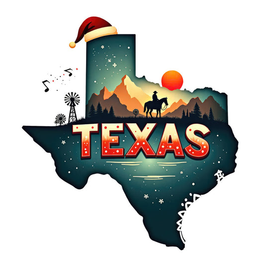 Christmas US States Fabric Panel 8 featuring Texas silhouette with sunset, cowboy, windmills, and festive Santa hat design.
