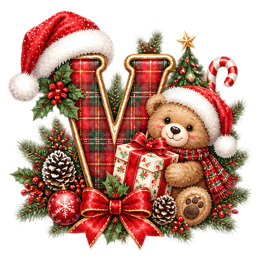 christmas, holiday, teddy bear, santa hat, red plaid, tartan, forest green, cream, gold, red and green, festive, whimsical, traditional, vintage, cute animals, pine branches, evergreen, holly berries, candy cane, ornaments, pinecones, red bow, gift box, decorative, seasonal, winter, cheerful, nostalgic, children's, wall hanging