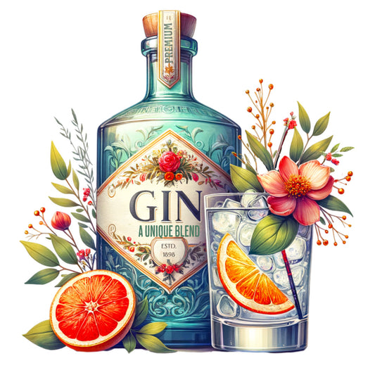 gin bottle, botanical florals, orange slices, grapefruit, turquoise blue, coral pink, green leaves, premium spirits, decorative glass, ice cubes, vintage label, ornate patterns, floral arrangement, citrus fruits, teal bottle, fabric panel, quilting cotton, watercolor style, beverage theme, cocktail ingredients