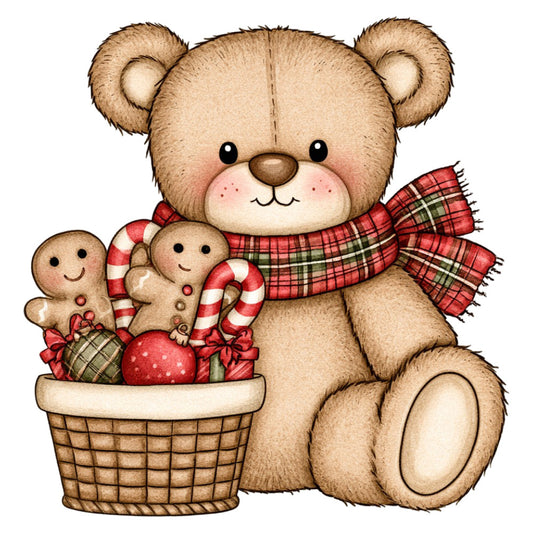 teddy bear, cute animals, gingerbread man, candy cane, holiday, christmas, cream, tan, brown, red, plaid, tartan, plaid scarf, gingham, festive, whimsical, vintage, traditional, children's, baby, nursery, decorative, basket, ornaments, cozy, seasonal, winter, gift giving, illustrated, storybook