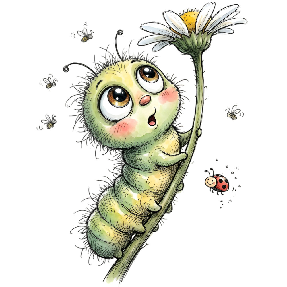 caterpillar, whimsical, nature, insects, bees, ladybug, daisy flower, yellow-green, lime green, cream, white petals, children's, playful, cute, adorable, garden, spring, summer, animal characters, fantasy, storybook, illustration art, soft colors, pastel tones, baby quilt, nursery, kid's bedding, wall hanging, nature lover, bug themed