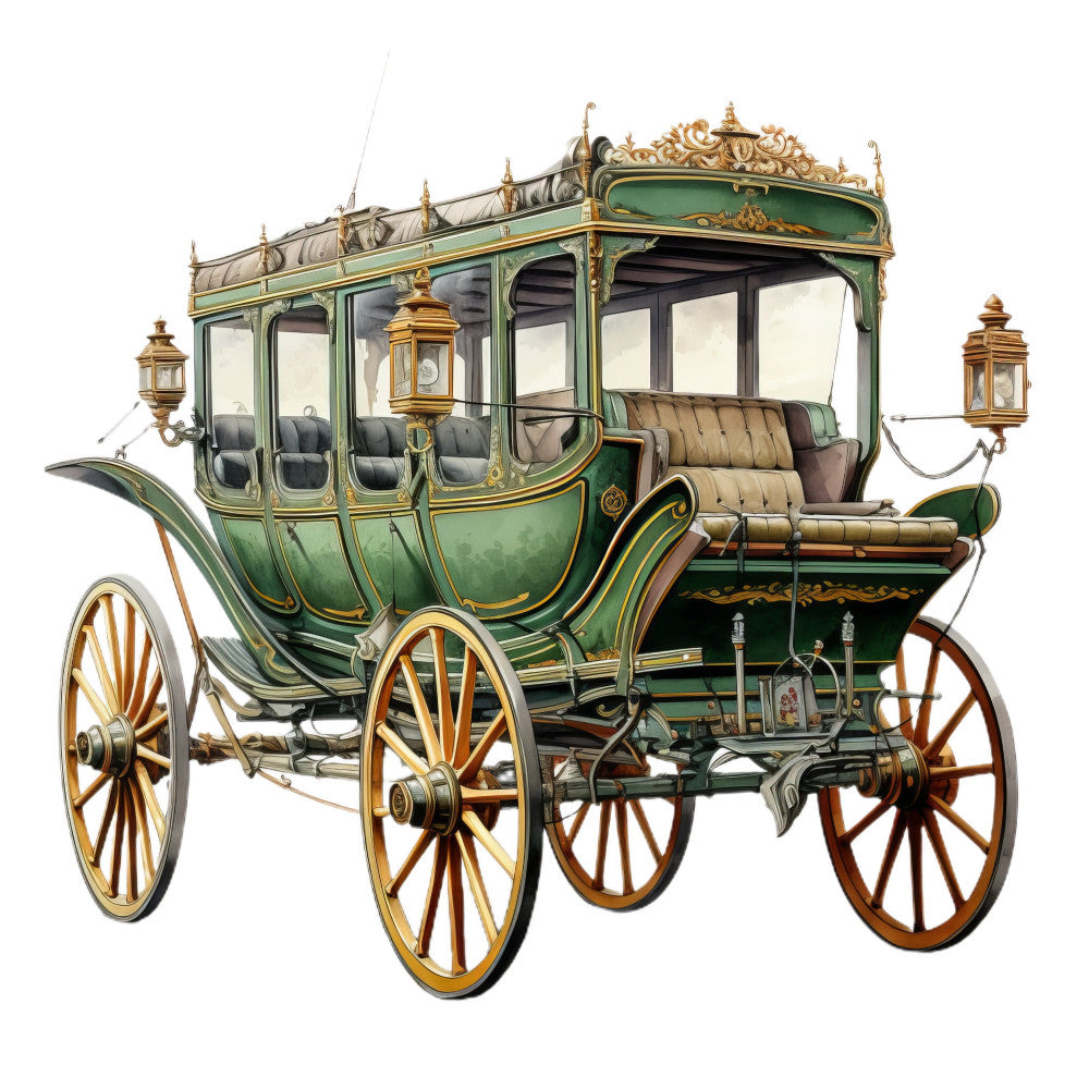 vintage carriage, forest green, gold, brass, elegant, victorian, transportation, horse-drawn carriage, ornate, royal, steampunk, nostalgic, antique, whimsical, classic, traditional, luxury vehicles, decorative arts, historical, green and gold, romantic, detailed illustration, ornamental, timeless, retro, classic vehicles, botanical inspired, heritage
